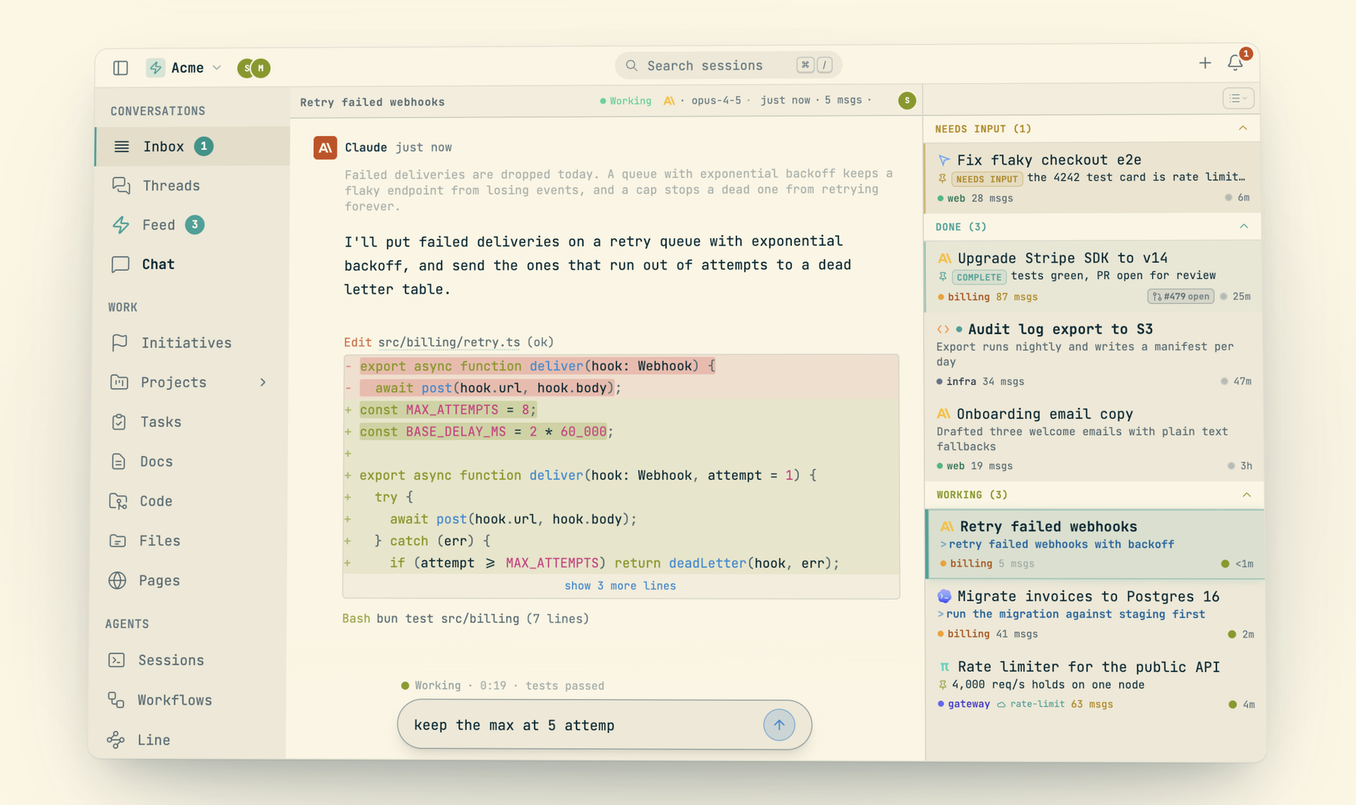 Conversation: an agent's reply with an inline diff of the file it edited and the test run that followed