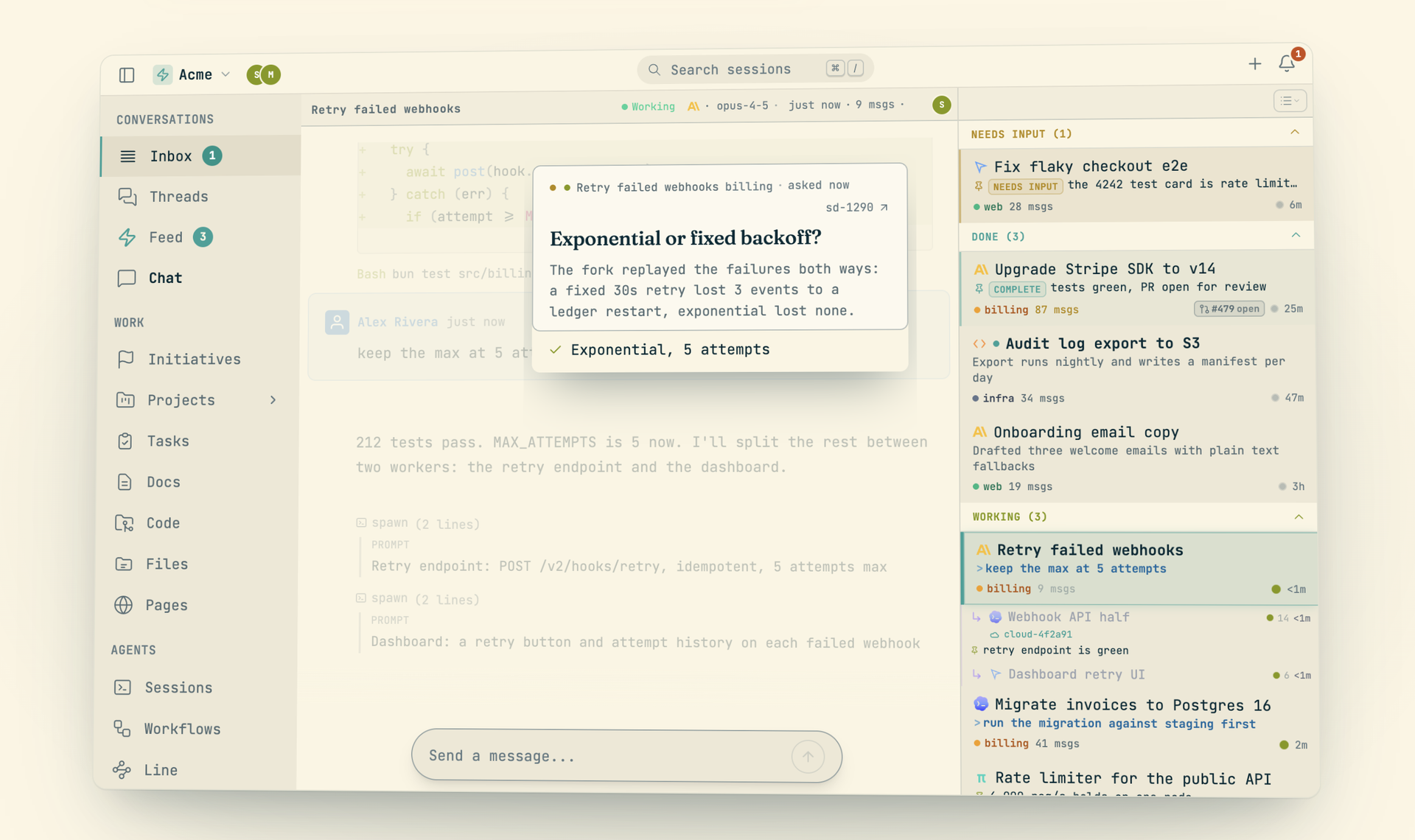 Codecast workspace: the inbox grouped by who acts next, an agent's conversation, and a decision the agent queued answered inline