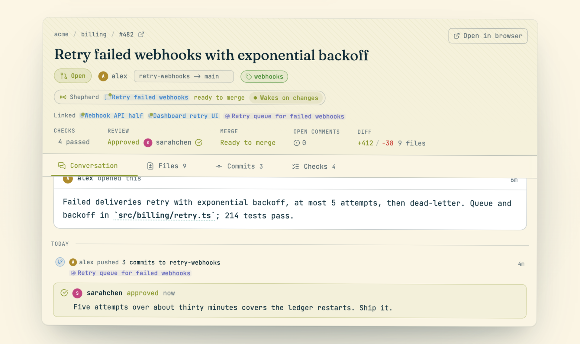 Pull request page with its owning session, linked sessions and task, checks, review and timeline