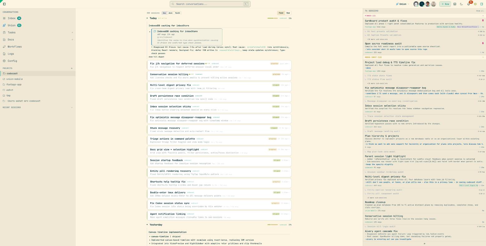 Activity feed showing daily session digest with session cards and status indicators