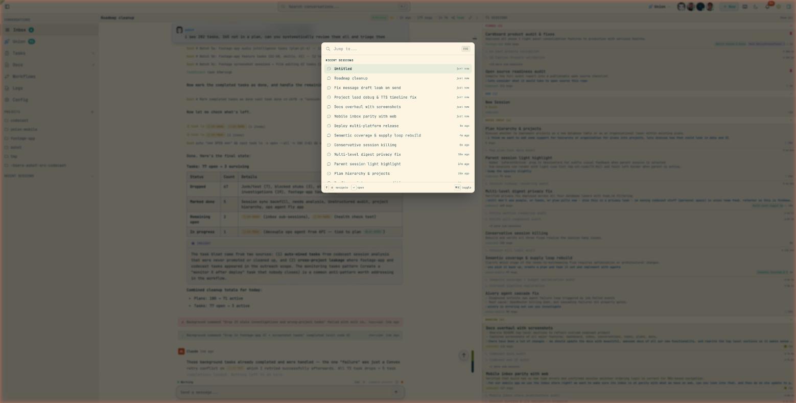 Command palette showing recent sessions and jump-to navigation