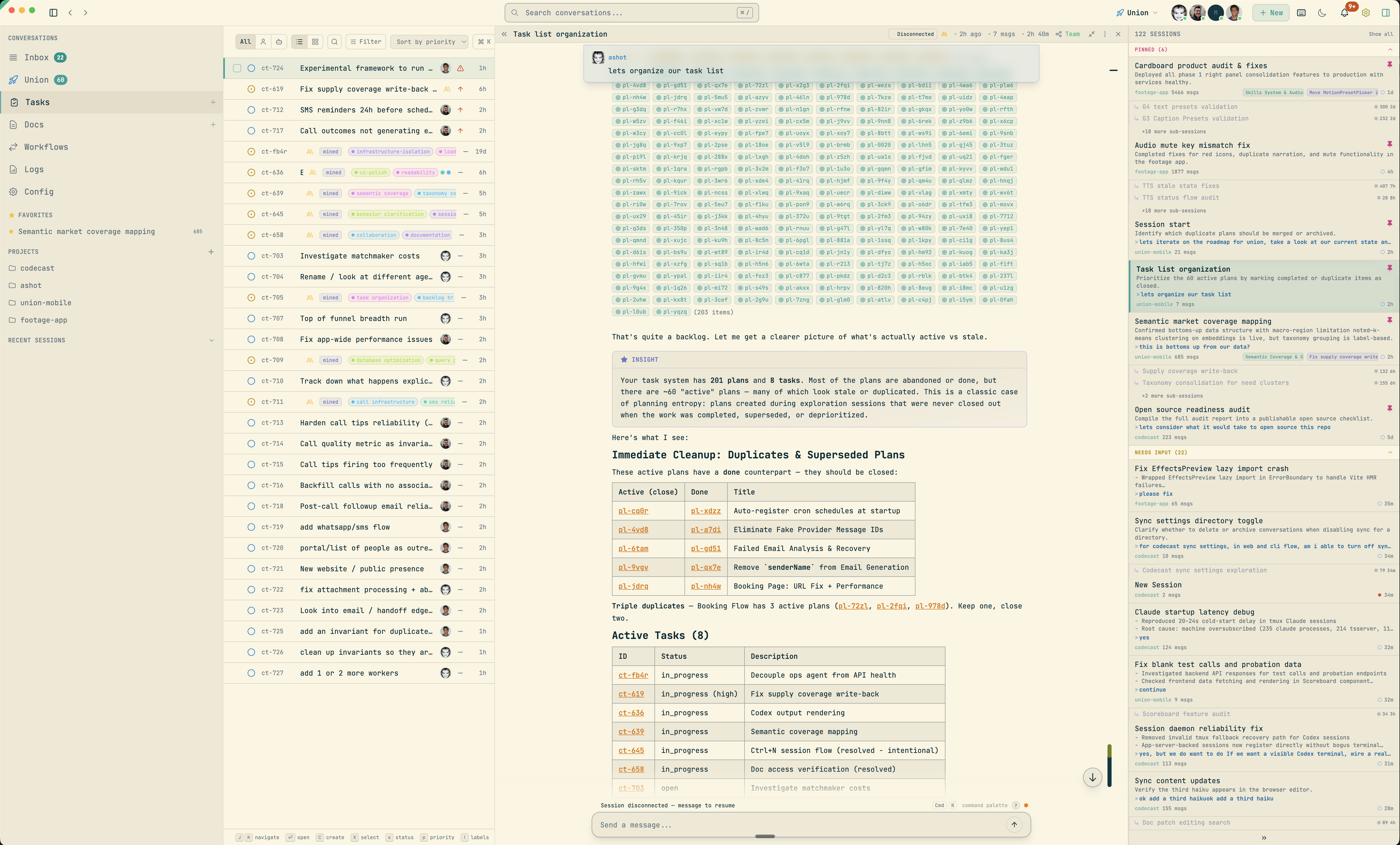 Codecast dashboard showing live agent sessions and conversation viewer