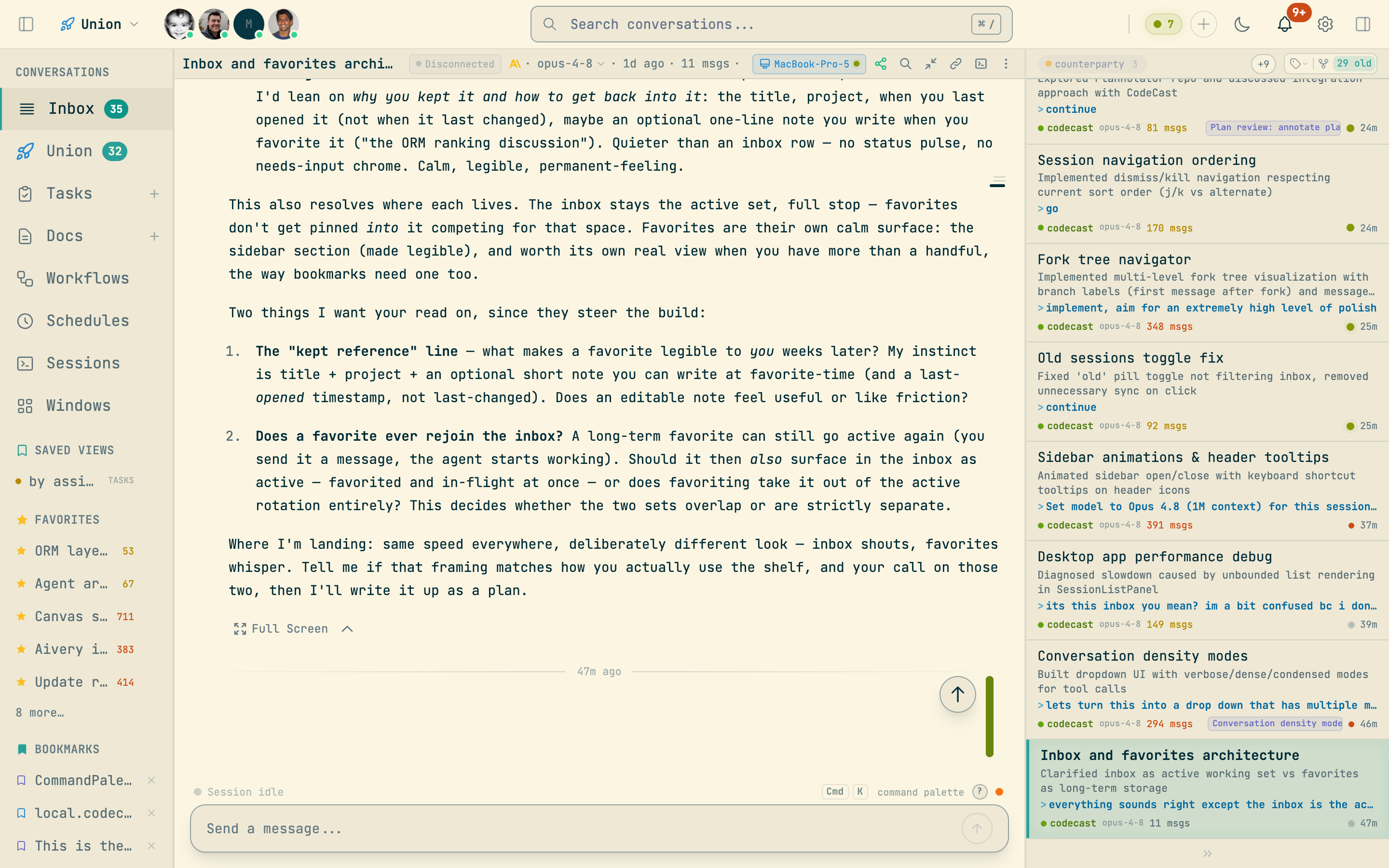 Inbox triage queue: session feed grouped by label with live status, model badges, and summaries alongside the open conversation