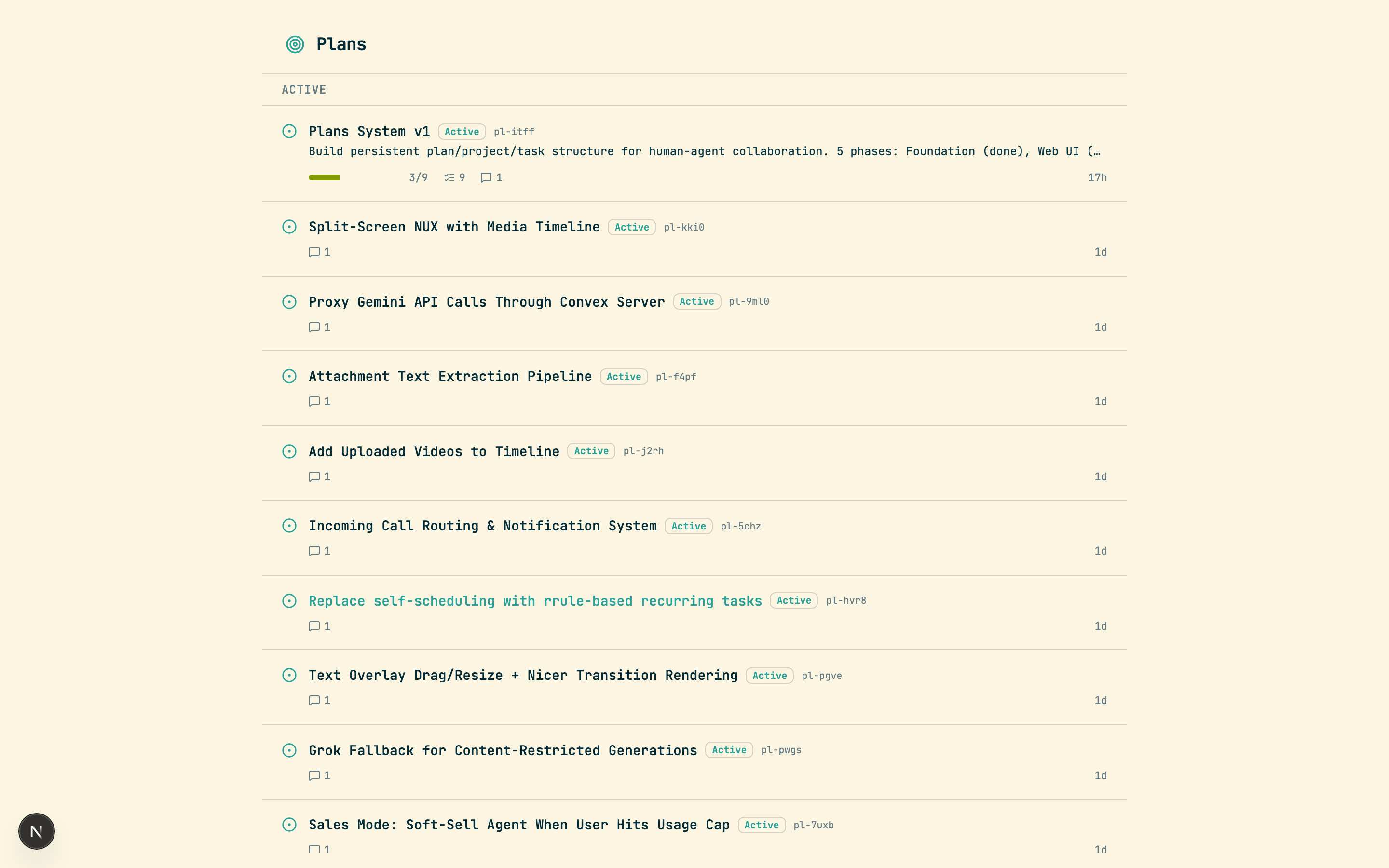 Plans page with split view showing plan list and detail panel with tasks