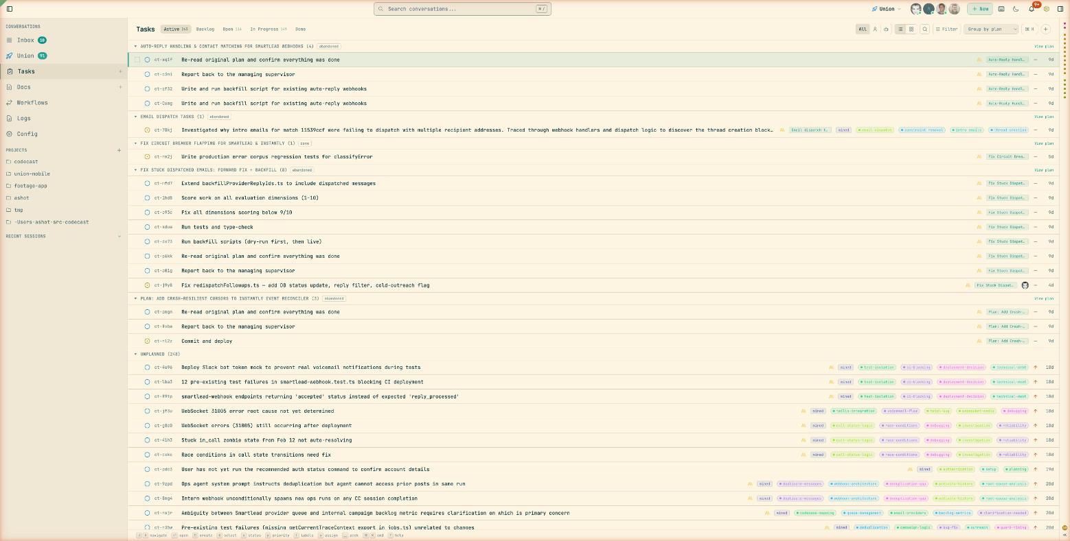 Tasks page with plan grouping, status filters, and label chips