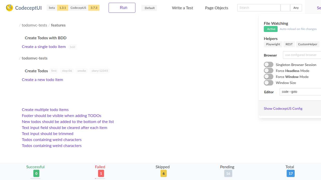 CodeceptUI Settings
