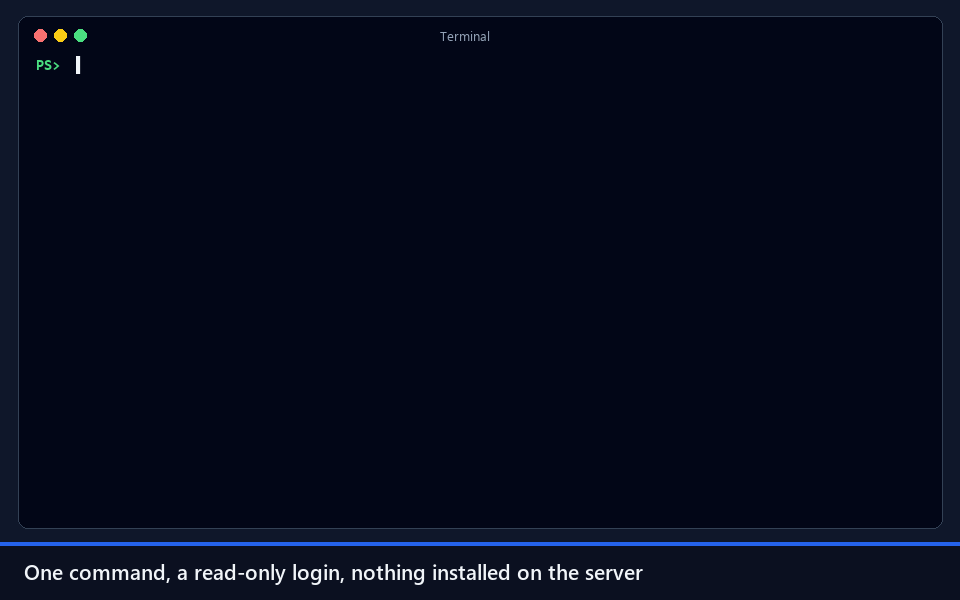 codeDB Lens demo: running check, the A-F report with evidence and next actions, and the record timeline