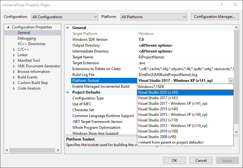 Selecting v143 Platform Toolset