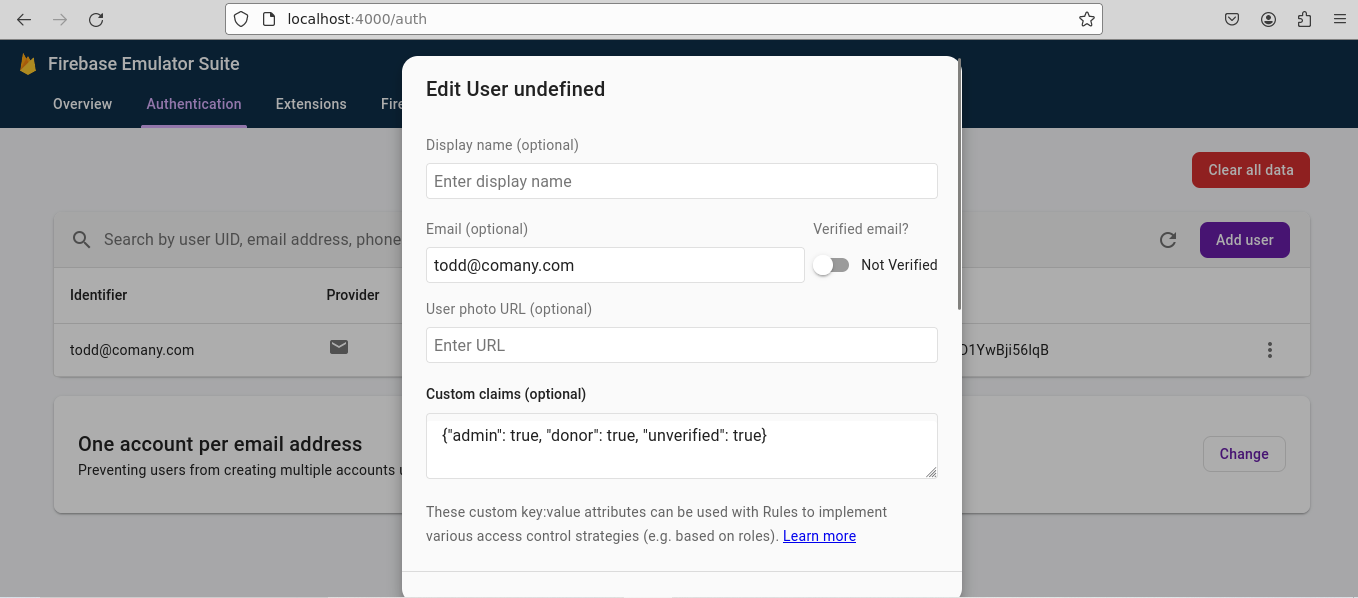 Firebase Emulator Auth edit existing user