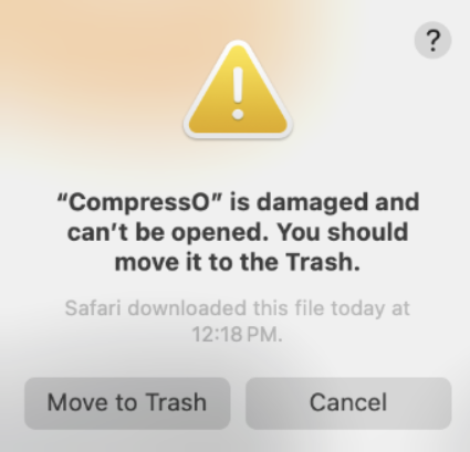 "CompressO" is damaged and can't be opened. You should move it to trash.