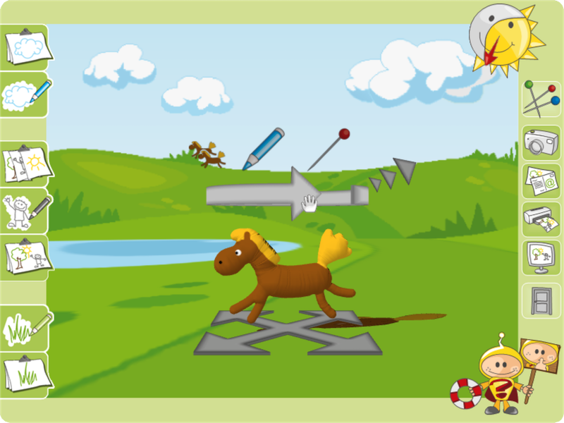 Screenshot of Plopp showing a cartoonish 3D balloon-animal-like horse on a green field with a lake and rolling hills. Around the horse are 3D manipulators for movement, rotation, scaling, etc. This 3D scene is framed by UI elements with drawing tools, a sun dial, and other action buttons. A character in the lower right corner named Plipp is offering help.