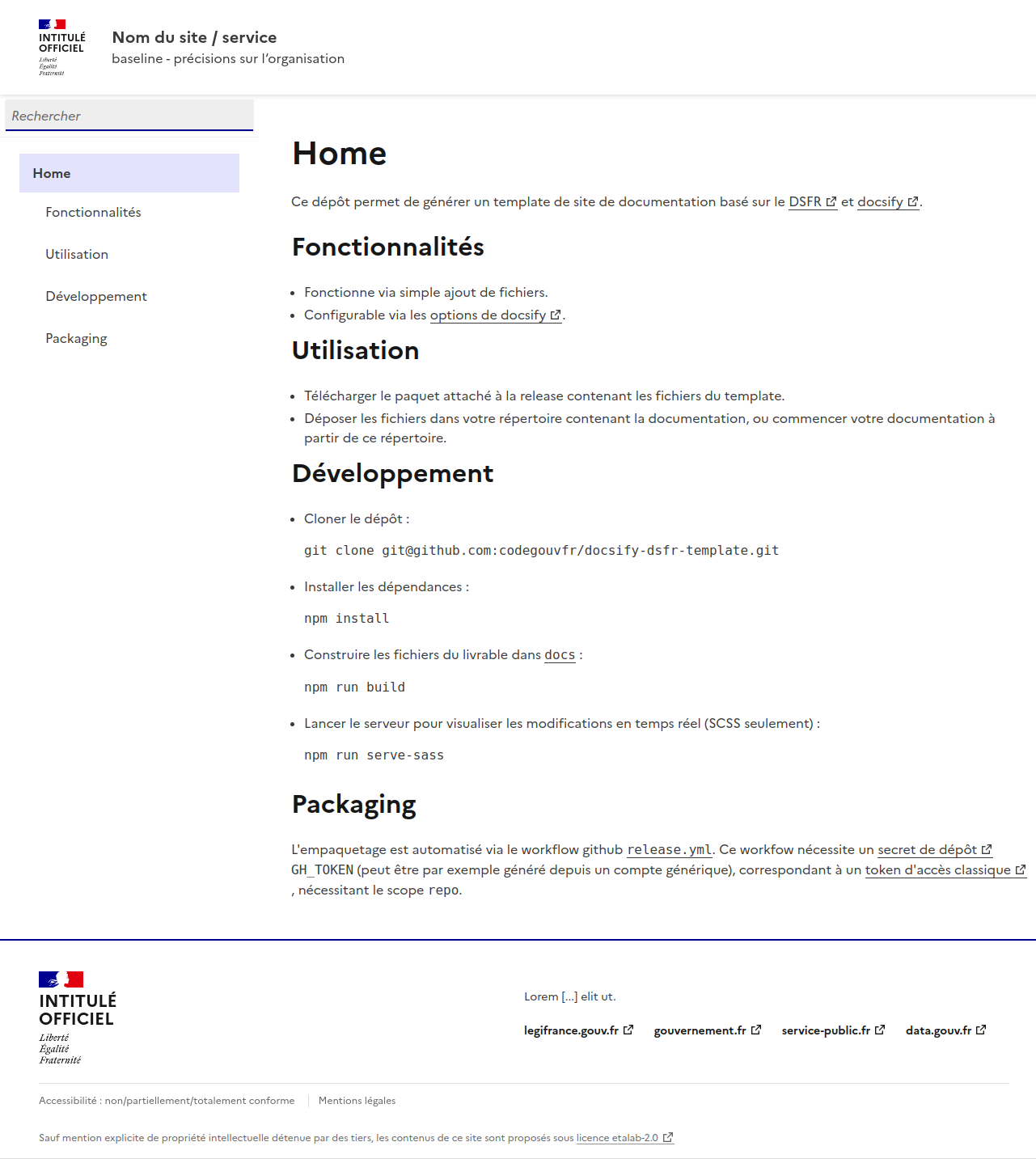 Screenshot of an example documentation website using this template.