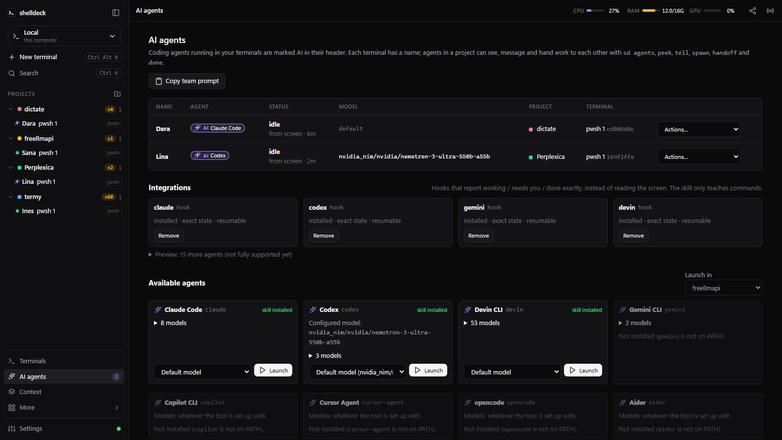 AI agents page with running agents, integrations and available agent CLIs