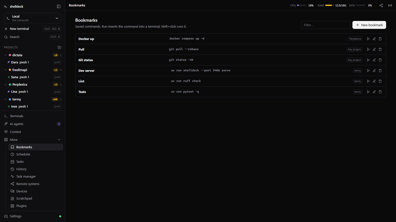 Bookmarks list with commands per project