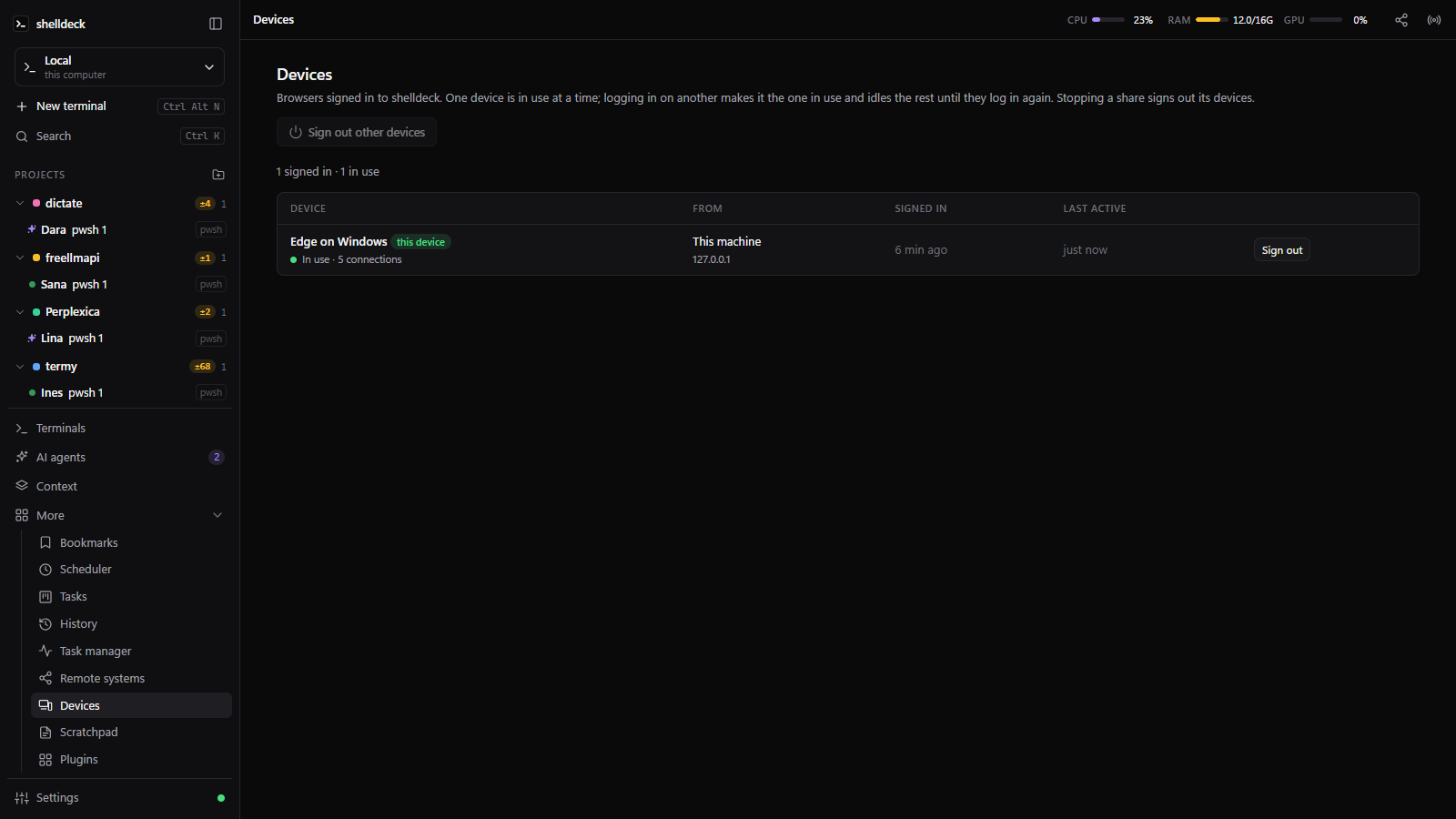 Devices page with the signed-in browser