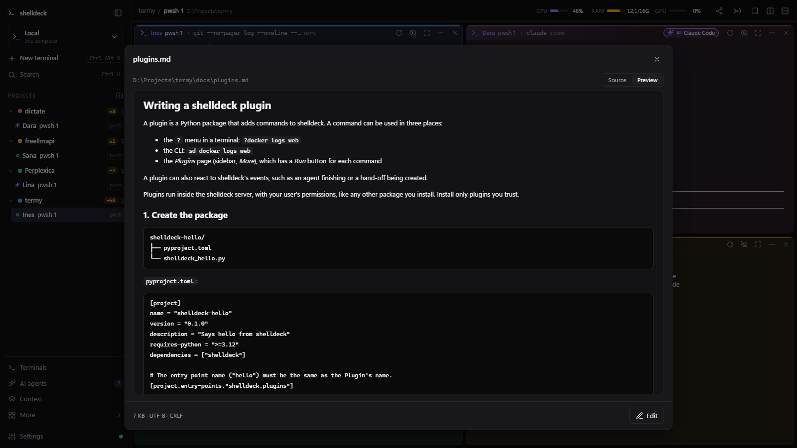 Built-in editor previewing a markdown file