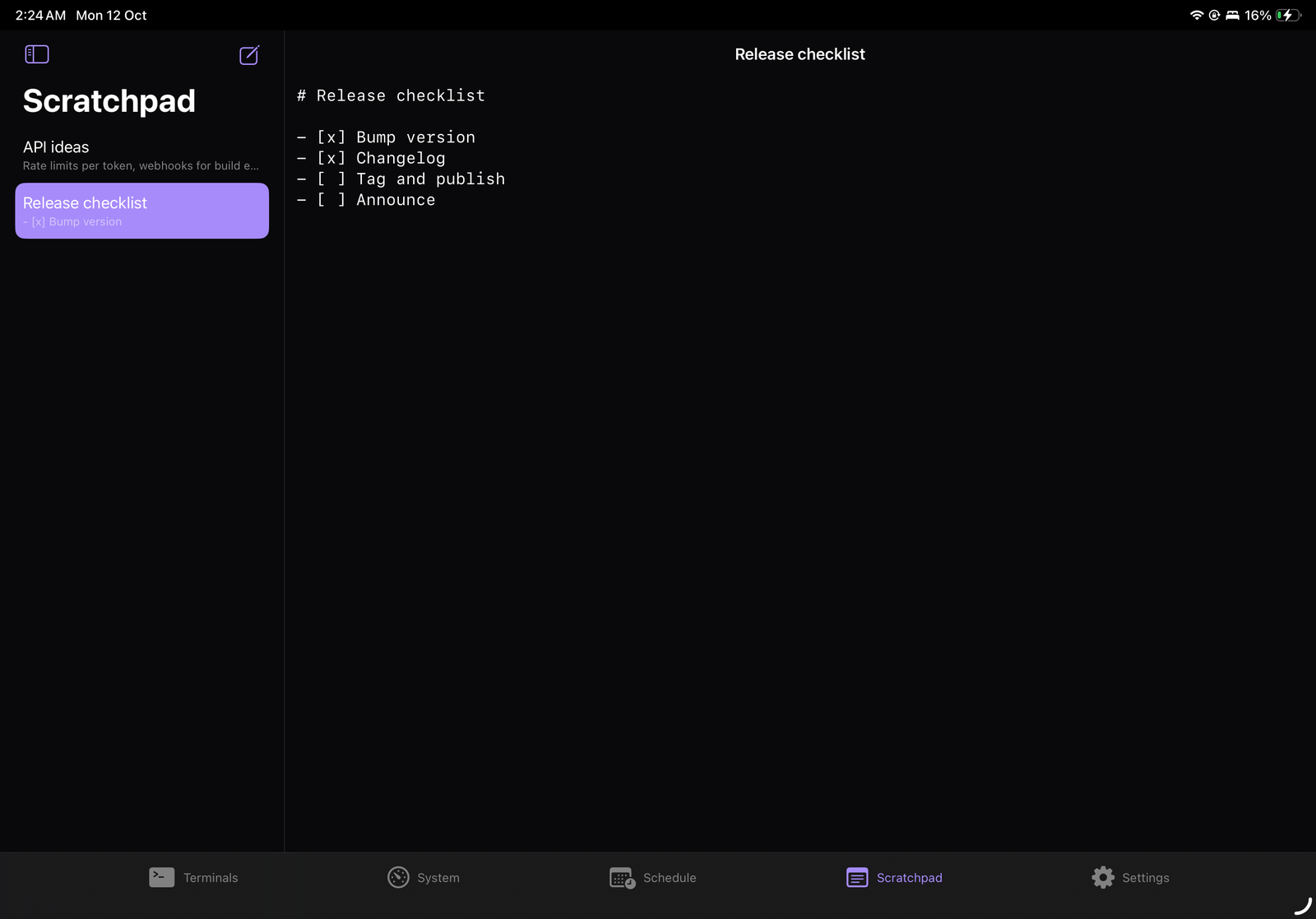 shelldeck on iPad: the scratchpad's notes beside the open note