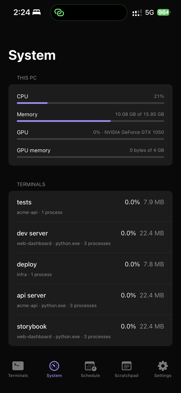 iPhone: CPU, memory and GPU of the PC, and usage per terminal