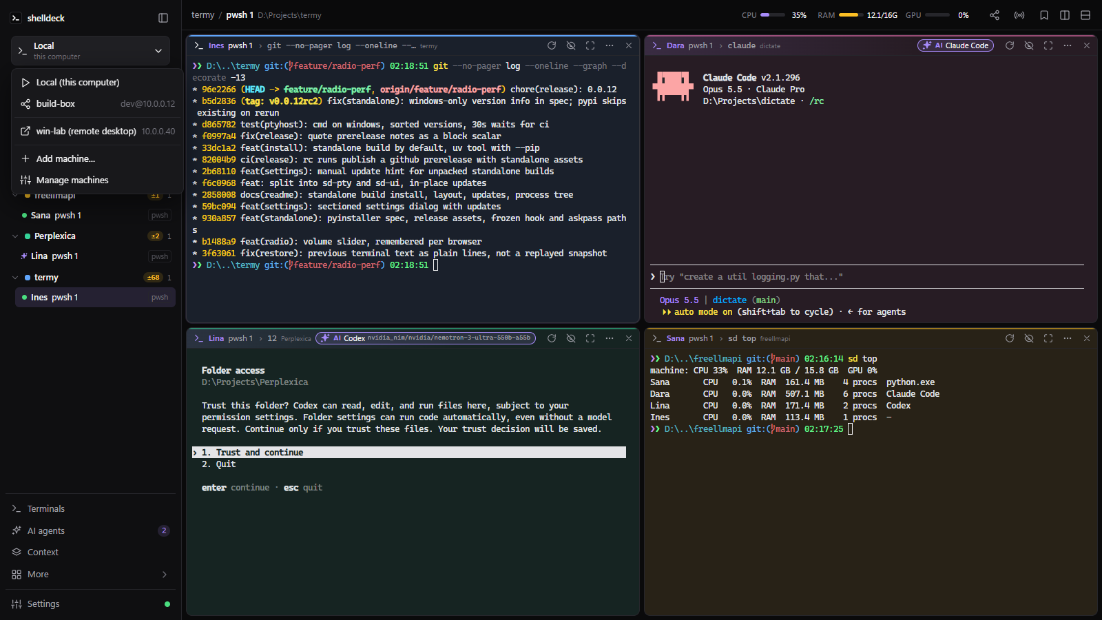 Machine picker with local, an SSH machine and an RDP desktop
