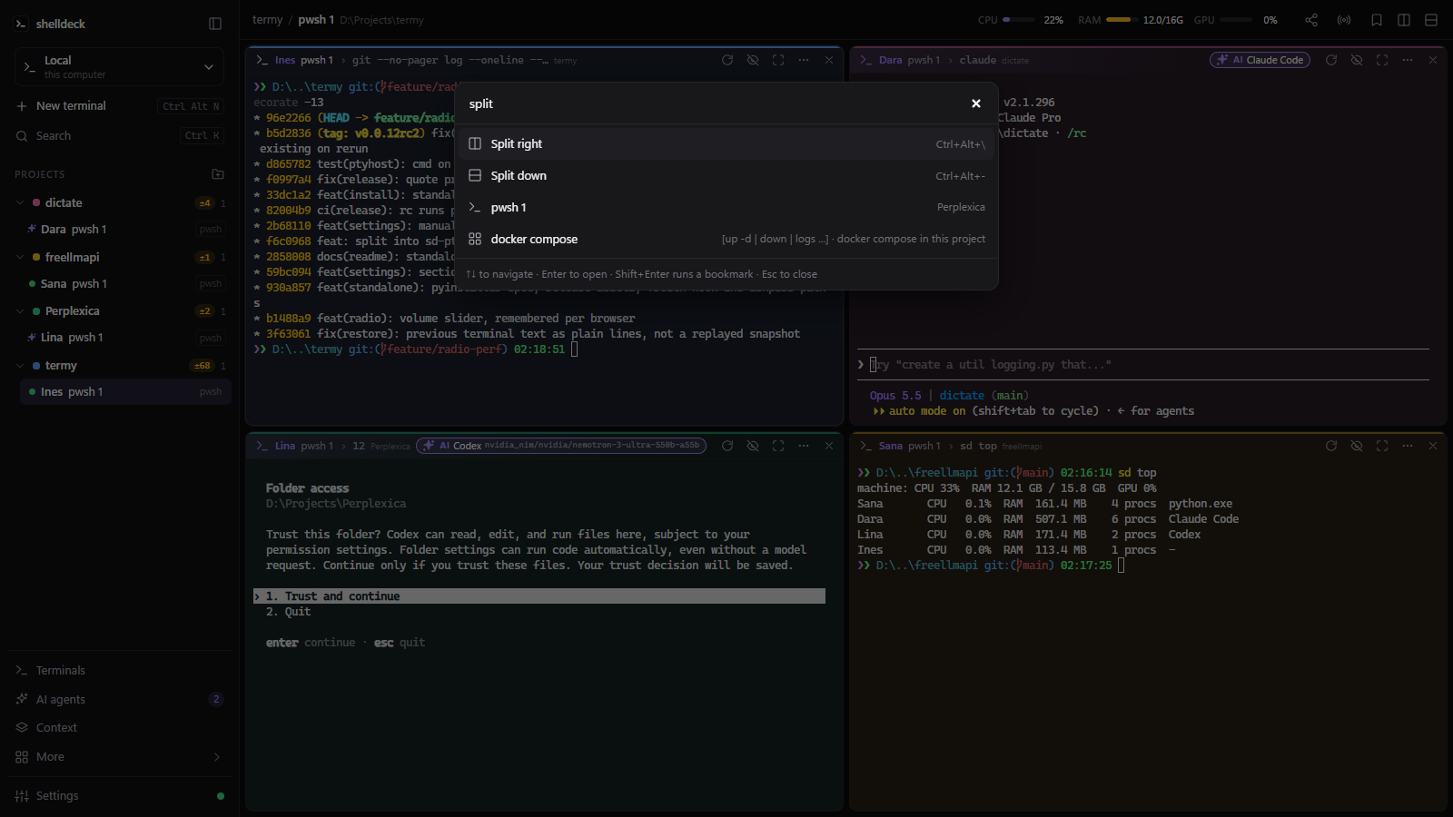 Command palette filtered to split commands