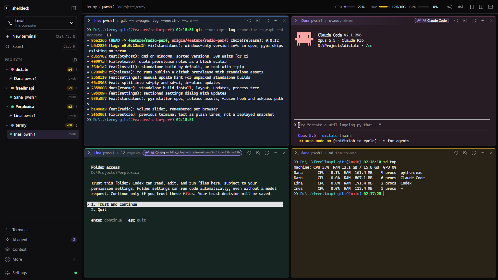 shelldeck with four named terminals in three projects: a git log, Claude Code, Codex asking to trust a folder, and sd top