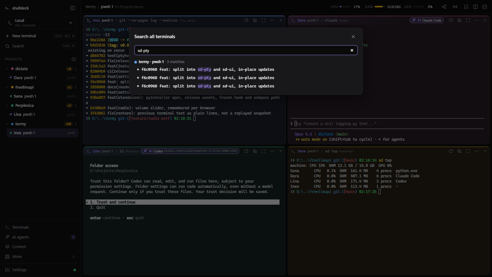 Search all terminals dialog with highlighted matches