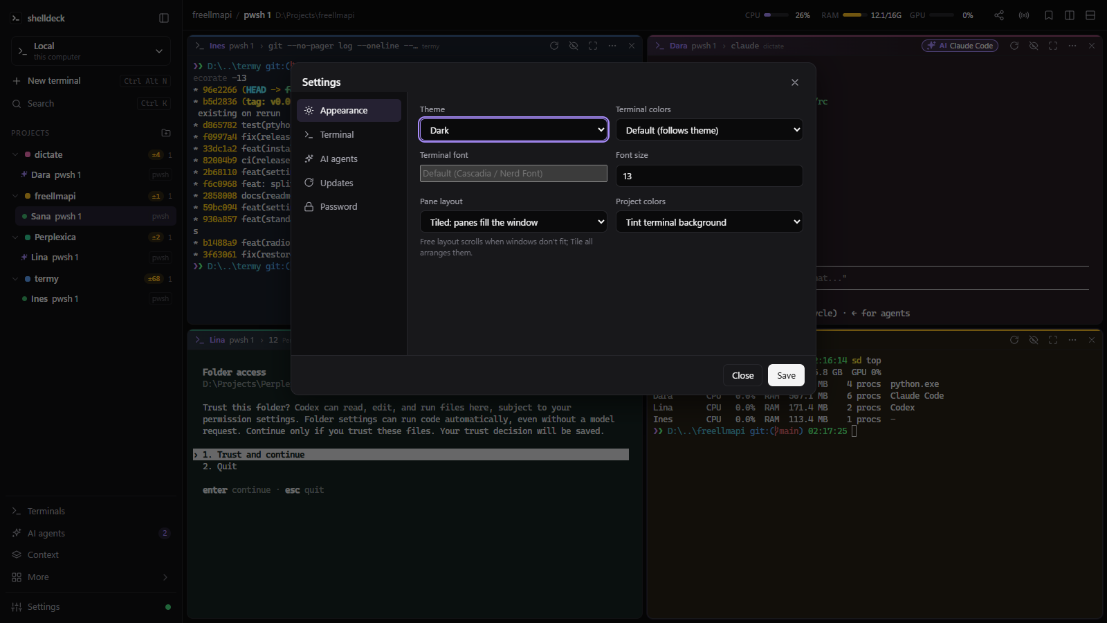 Settings dialog with Appearance, Terminal, AI agents, Updates and Password sections