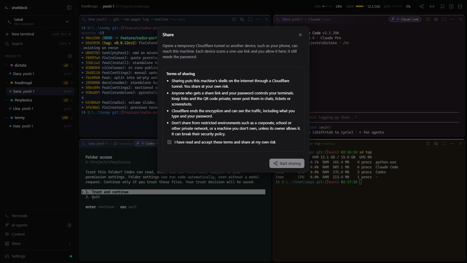 Share dialog with the terms of sharing