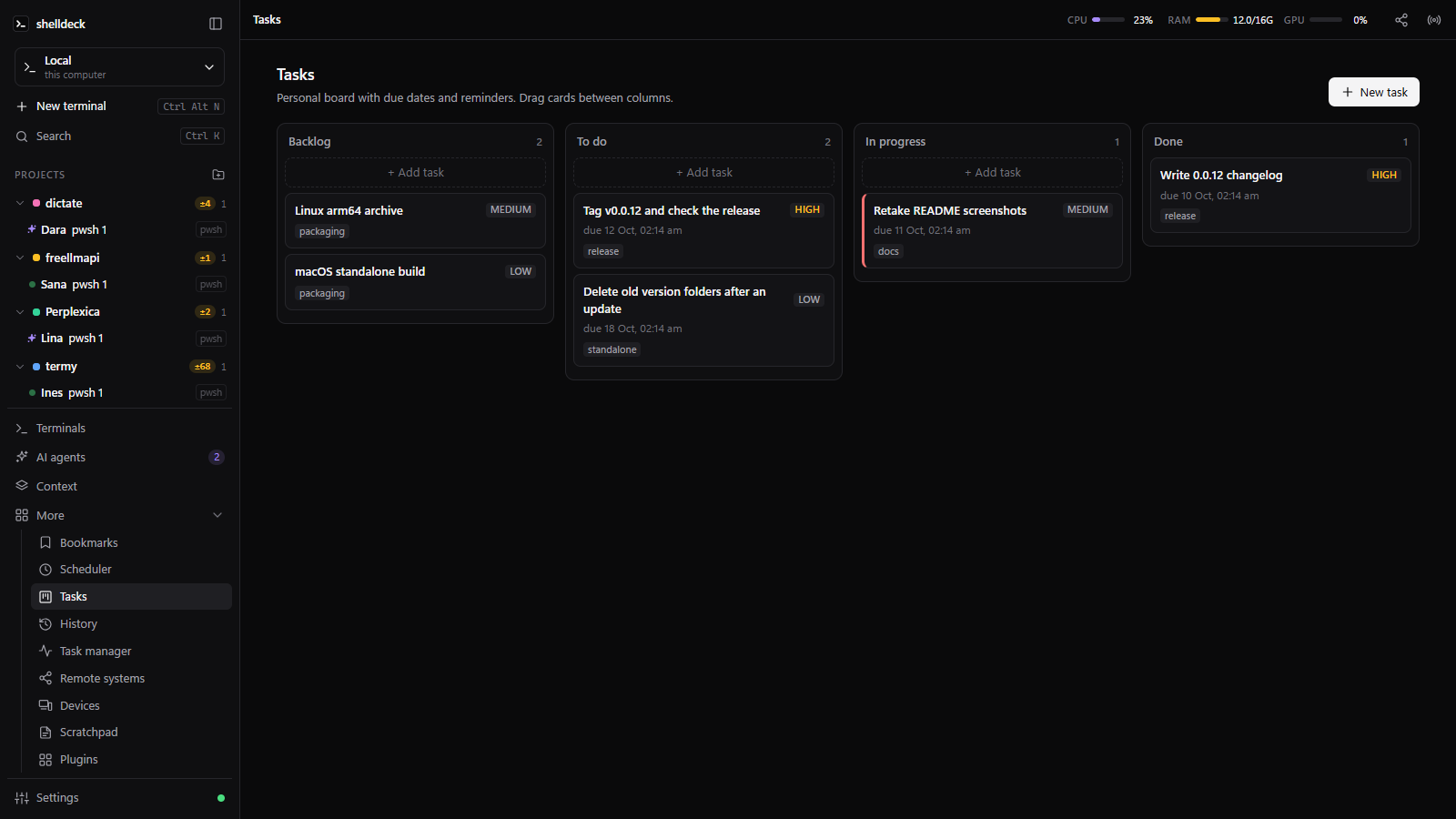 Task board with backlog, to do, in progress and done