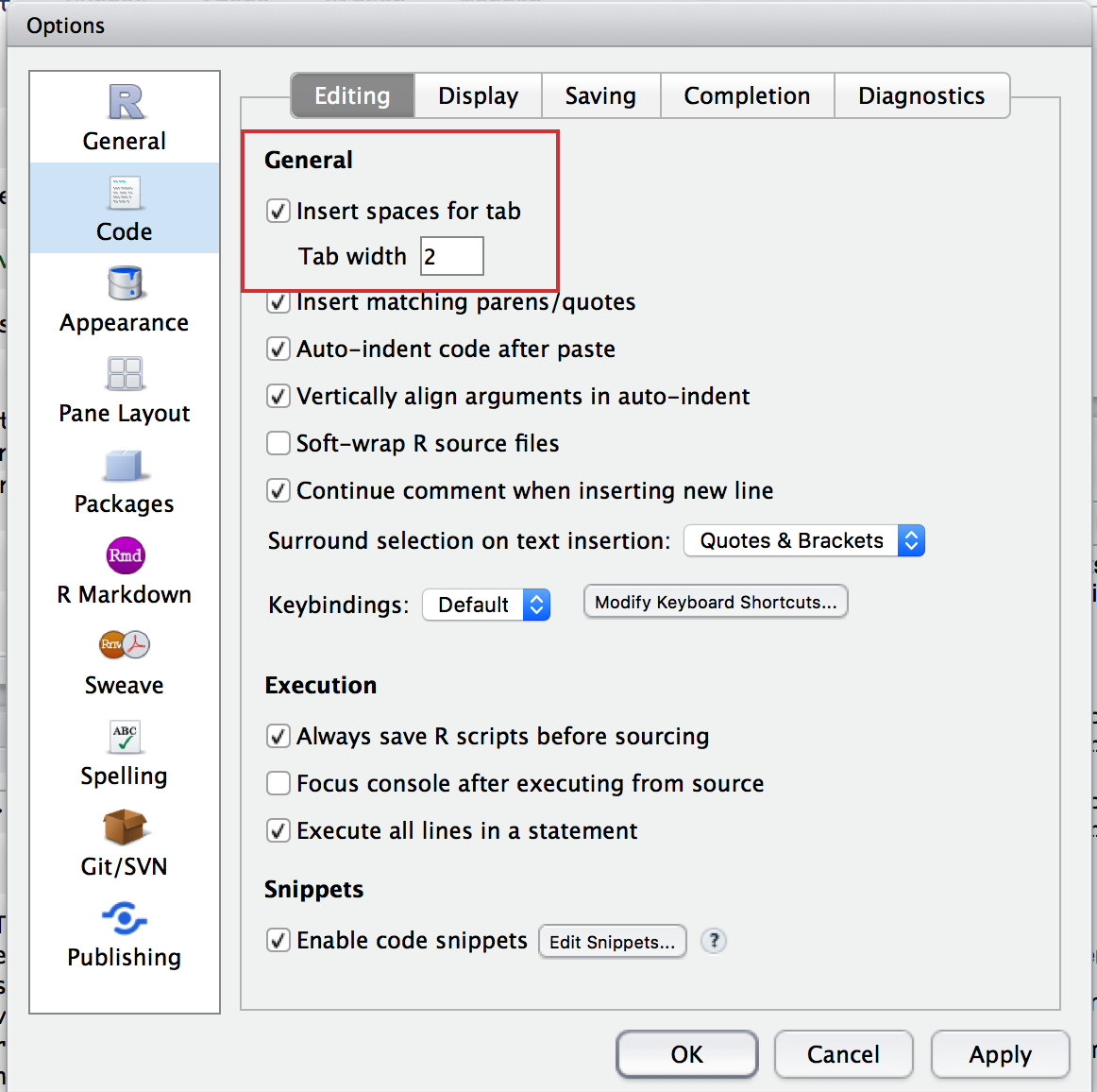 Insert spaces for tab setting in RStudio