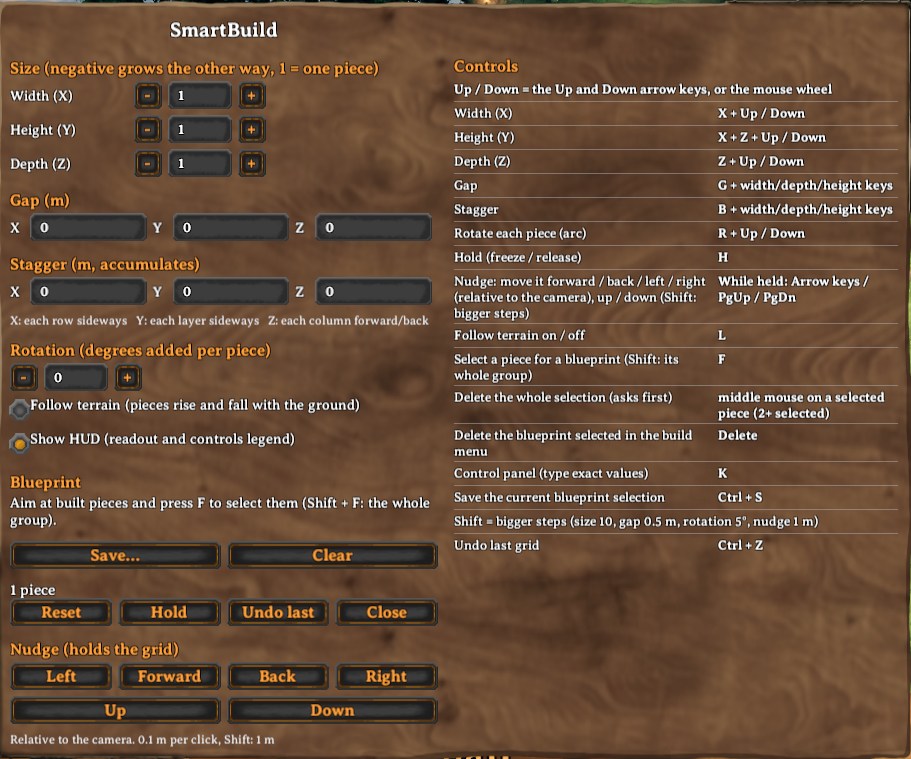 The K control panel: size, gap, stagger, rotation, blueprint and nudge settings on the left, every shortcut on the right
