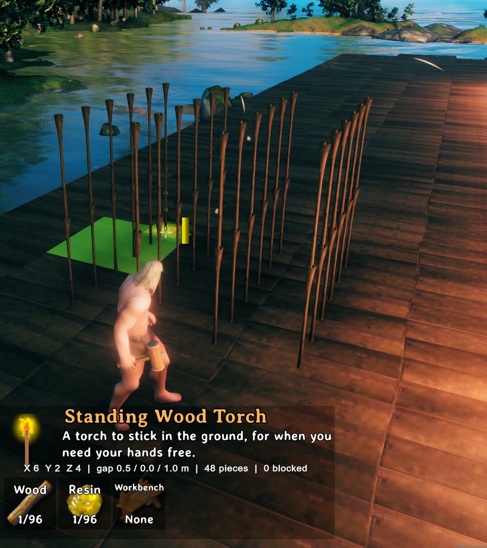 A 6 x 2 x 4 grid of standing torches