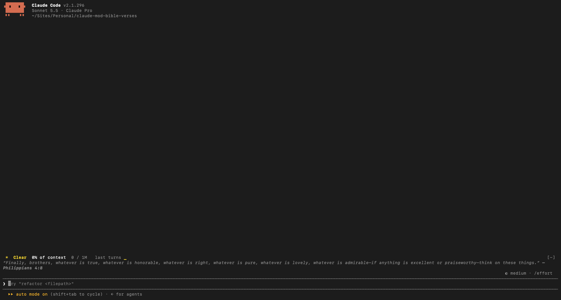Claude Session Verses showing a verse above the prompt, beneath token-weather