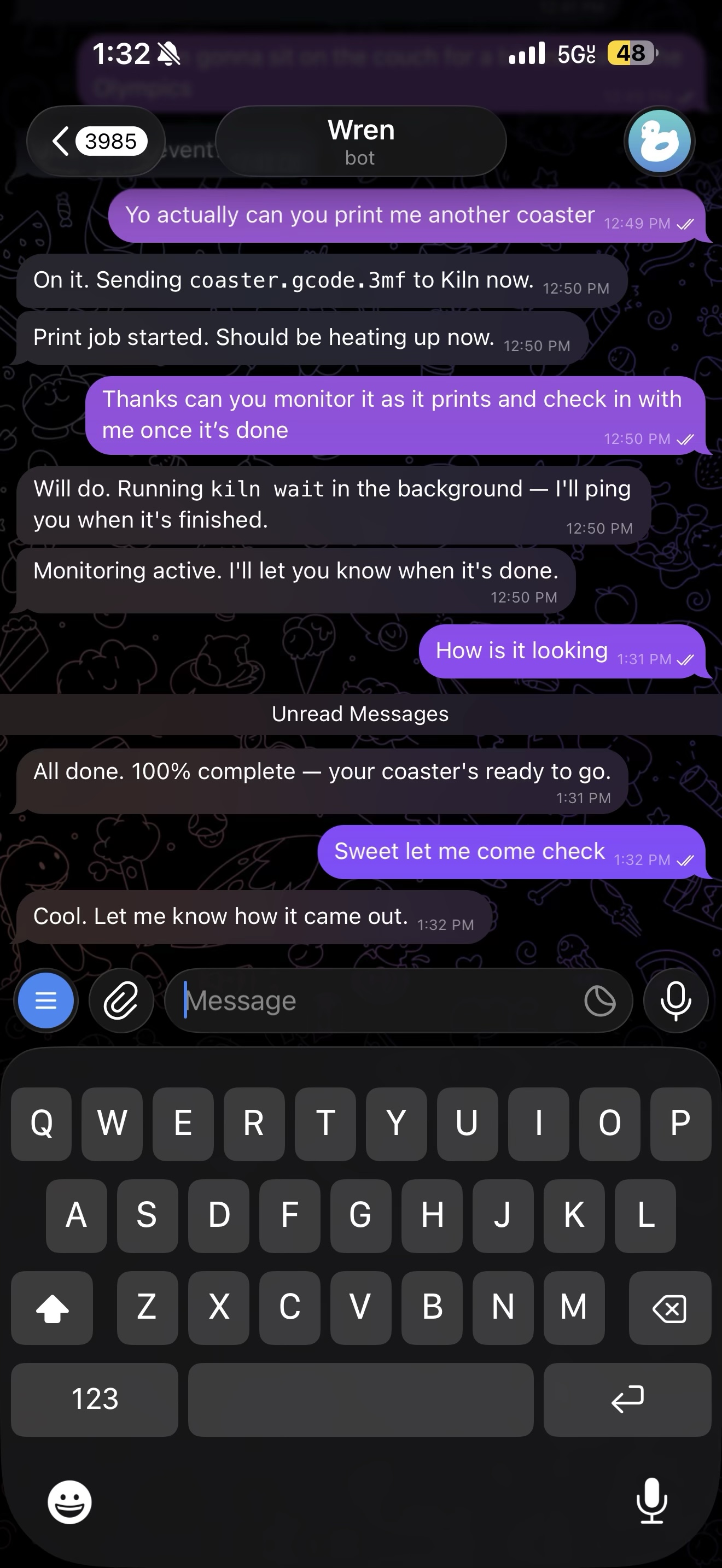 Kiln agent completing a print job over chat