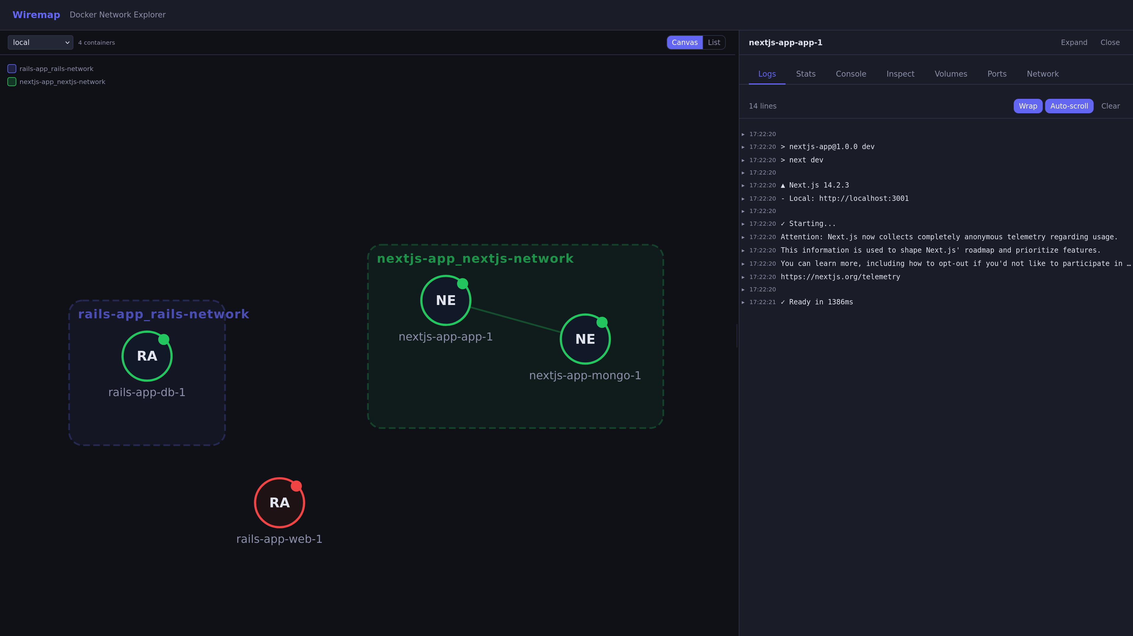 Docker view: containers grouped by network, with a container's live logs in the side panel