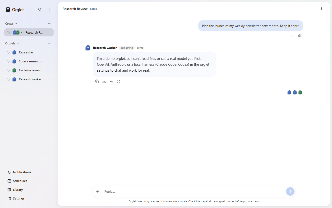 Orglet team chat: one report back, workers and teams in the sidebar, no task list