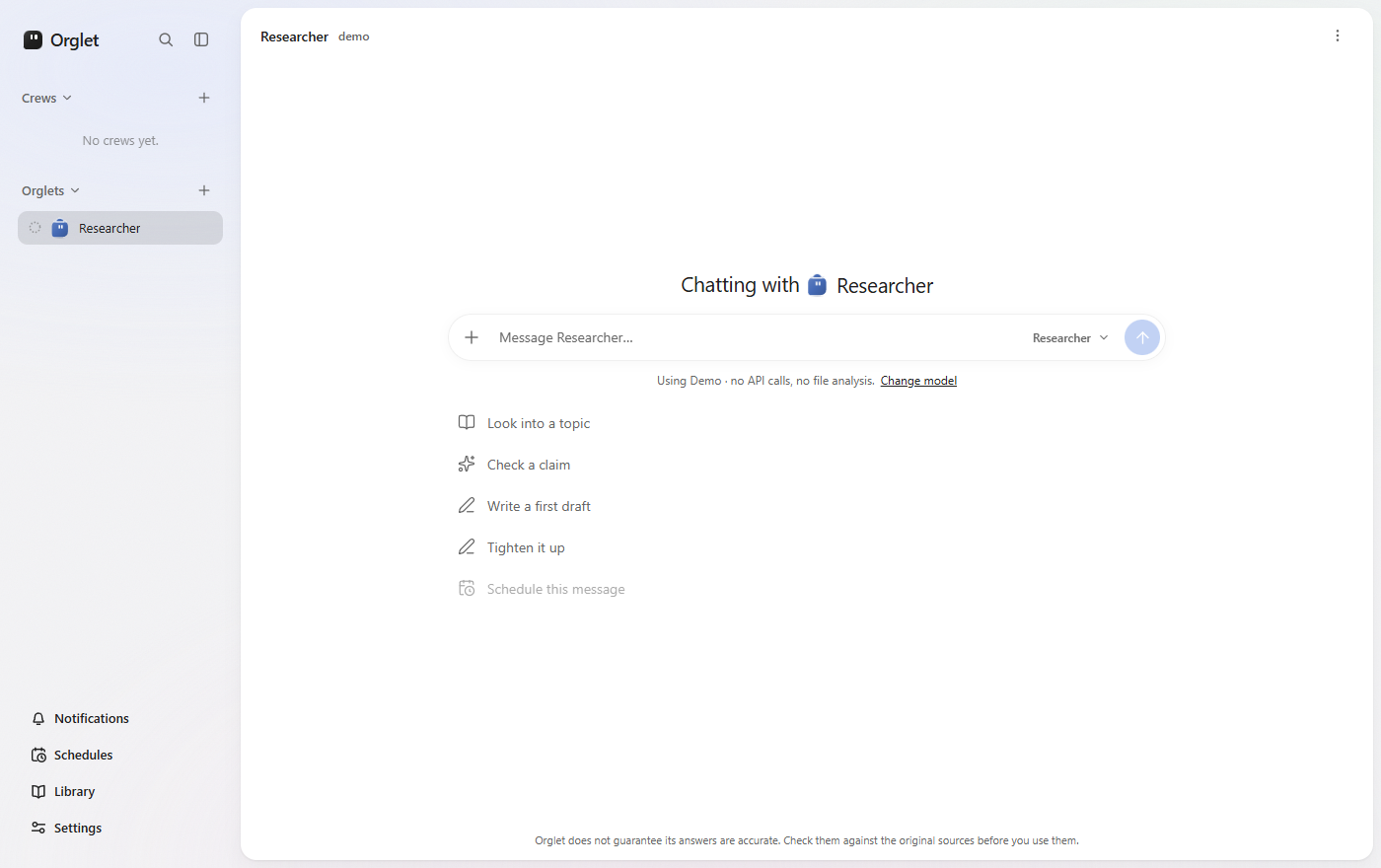 Empty worker chat in Orglet. The sidebar lists teams and workers, not a pile of tasks.