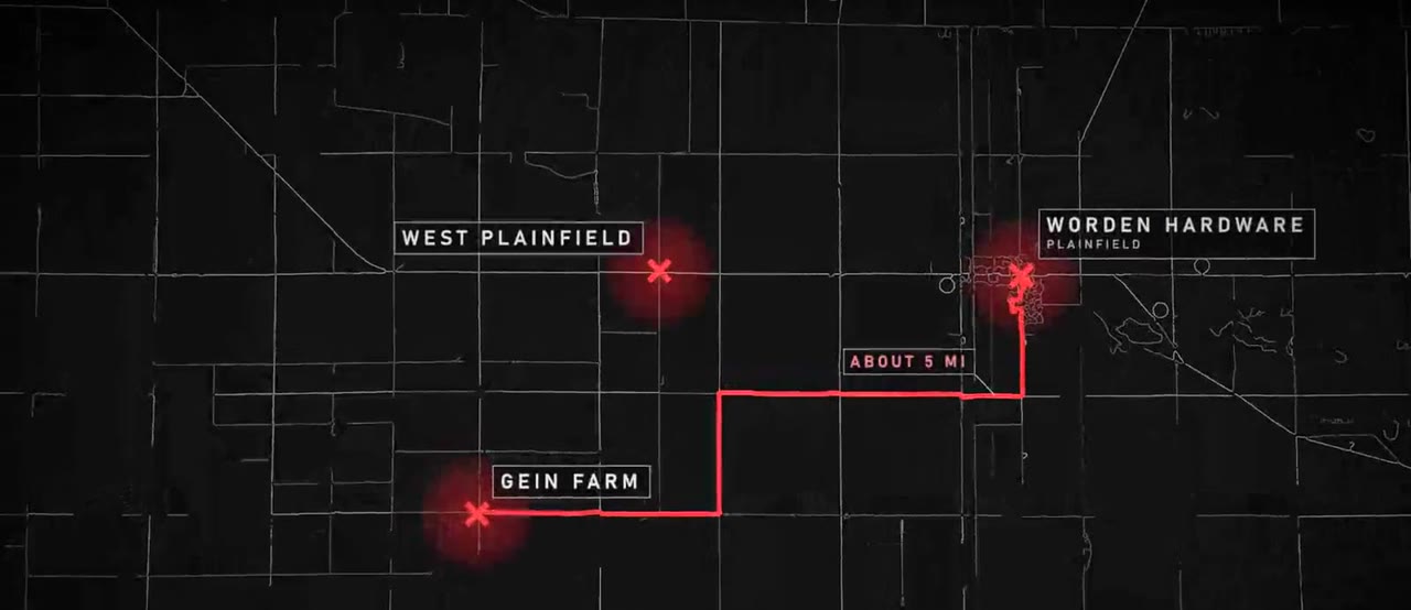 A documentary map: a red route from a farm to a hardware store across a county
