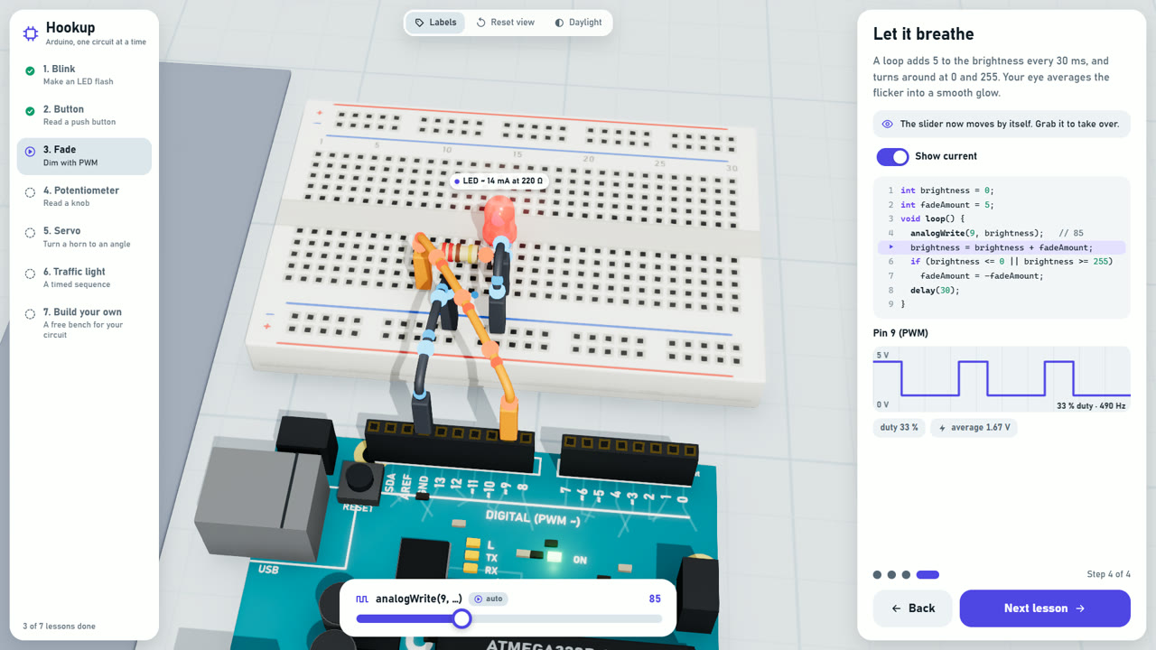 An Arduino lesson: an LED fading on a breadboard, the current code line highlighted and the PWM signal drawn on the right