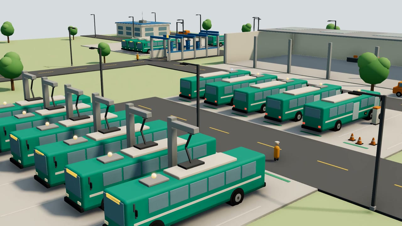 An electric bus depot built from three.js primitives, with pantograph chargers over the buses