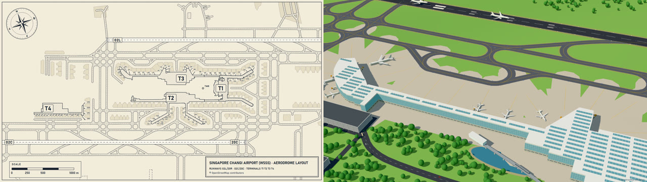 Singapore Changi: the aerodrome plan drawn from OpenStreetMap on the left, the same layout in 3D on the right