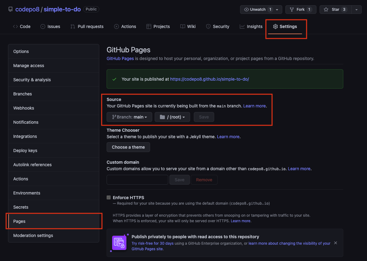 Settings of the repository to publish it as a page on GitHub