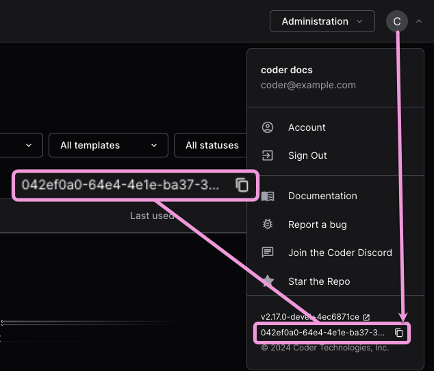 Copy the deployment ID from the bottom of the user avatar dropdown