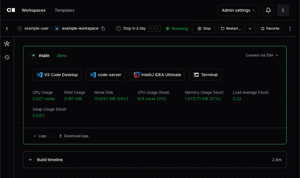 Developers launch their favorite web-based or desktop IDE, browse files, or access their Workspace’s Terminal.