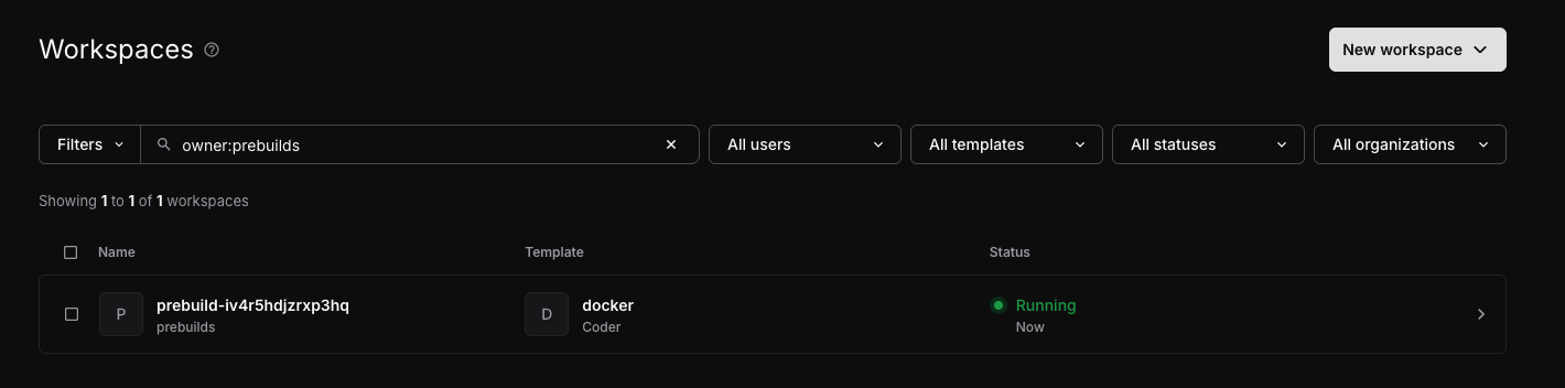 A prebuilt workspace in the dashboard