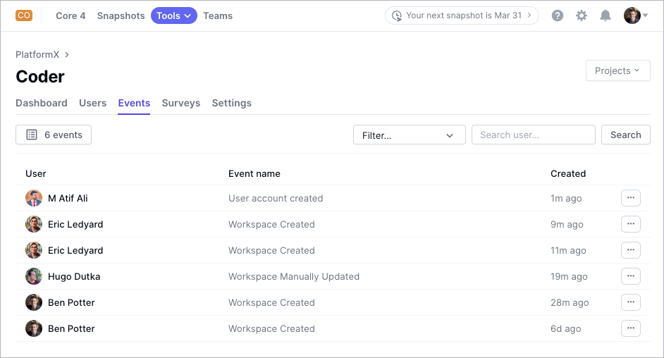 PlatformX Events in Coder