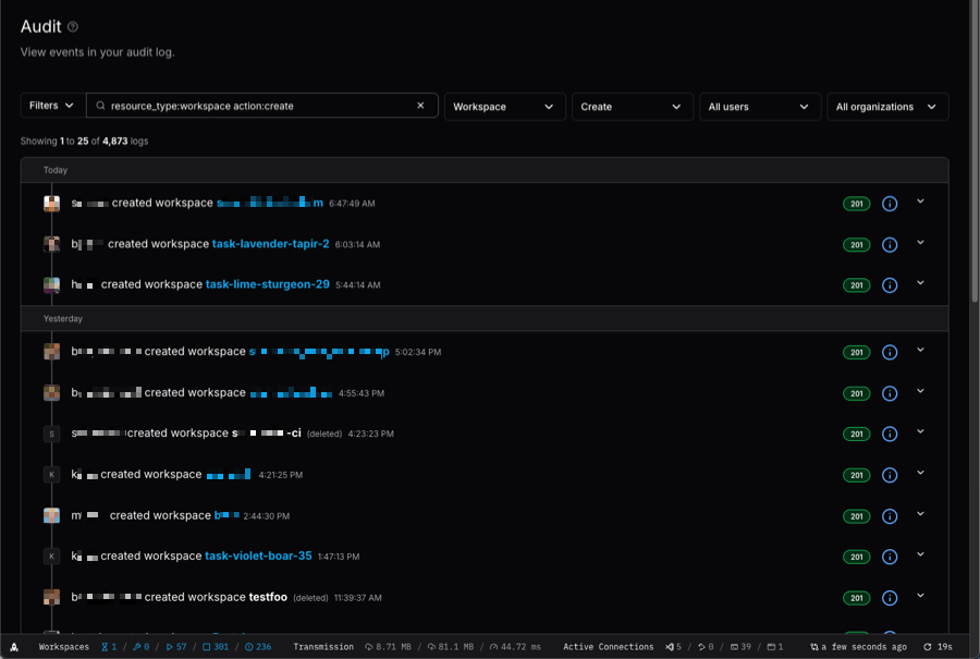 Coder administrators and auditor roles can review how users are interacting with their Coder Workspaces and Templates.