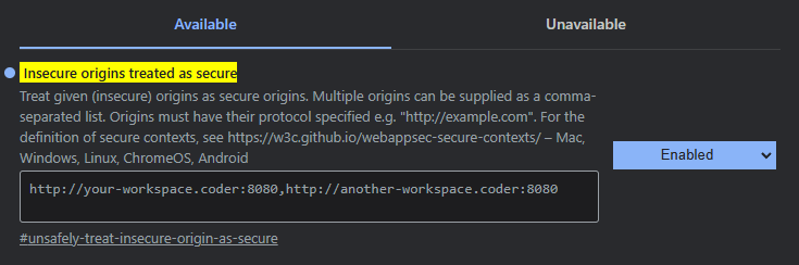 Google Chrome insecure origin settings
