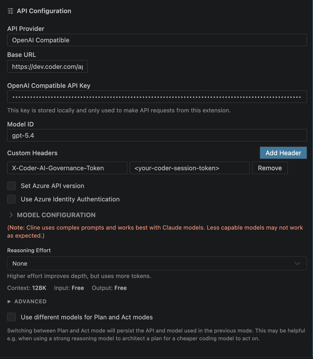 Cline BYOK OpenAI Settings