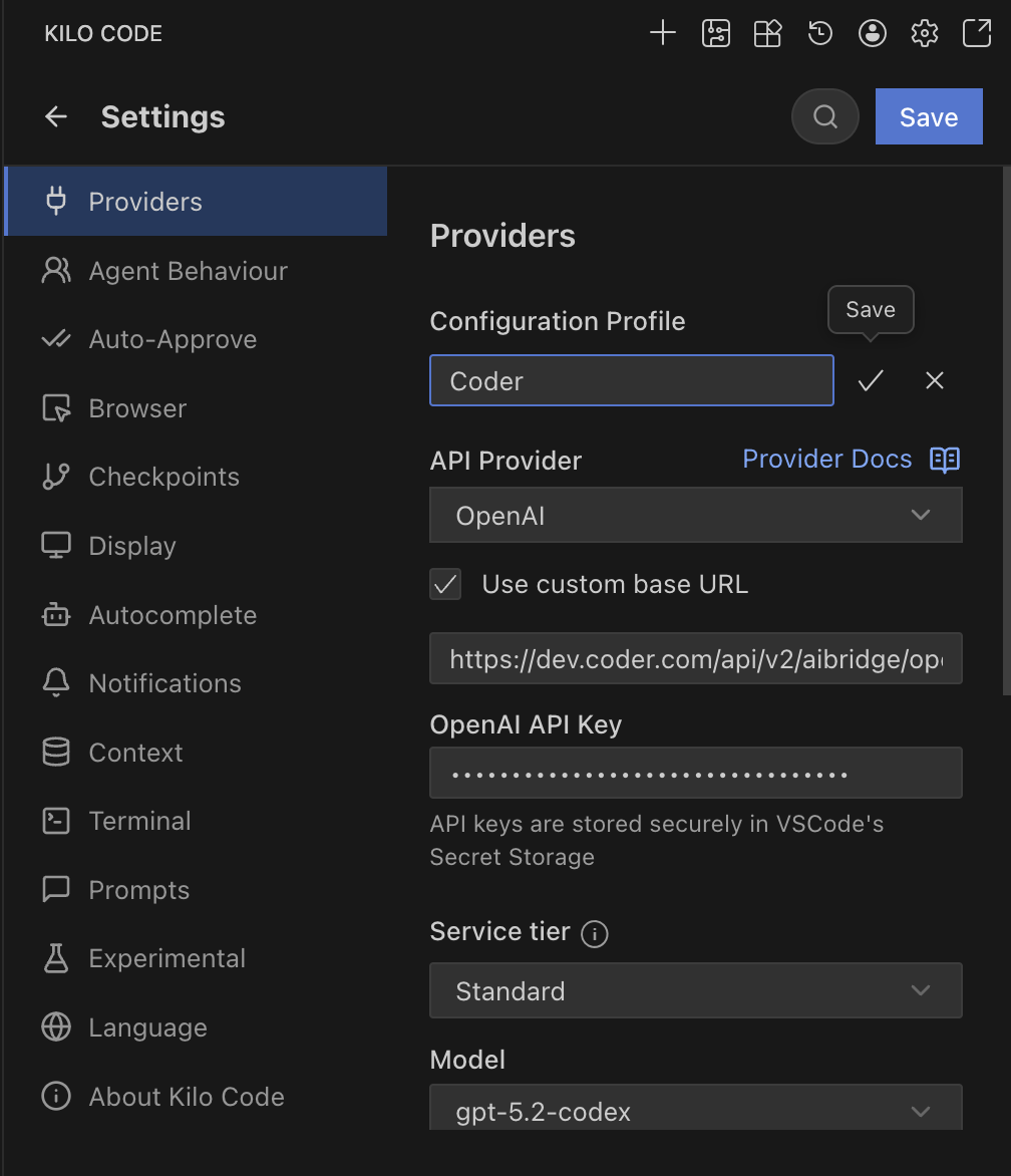 Kilo Code OpenAI Settings